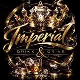 Ornate gold crown with Imperial Drink and Drive logo, crown jewel, whiskey glass with ice, and luxury car silhouette on black background